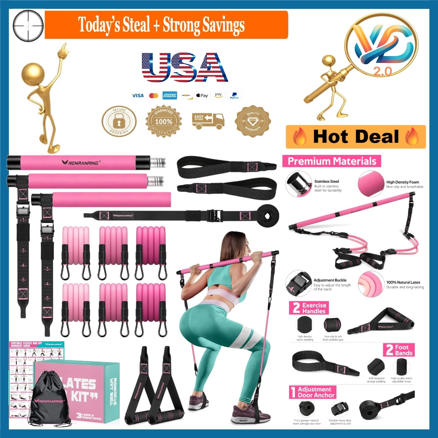Pink Pilates Bar Kit with Resistance Bands Full Body Workout Equipment Home F...