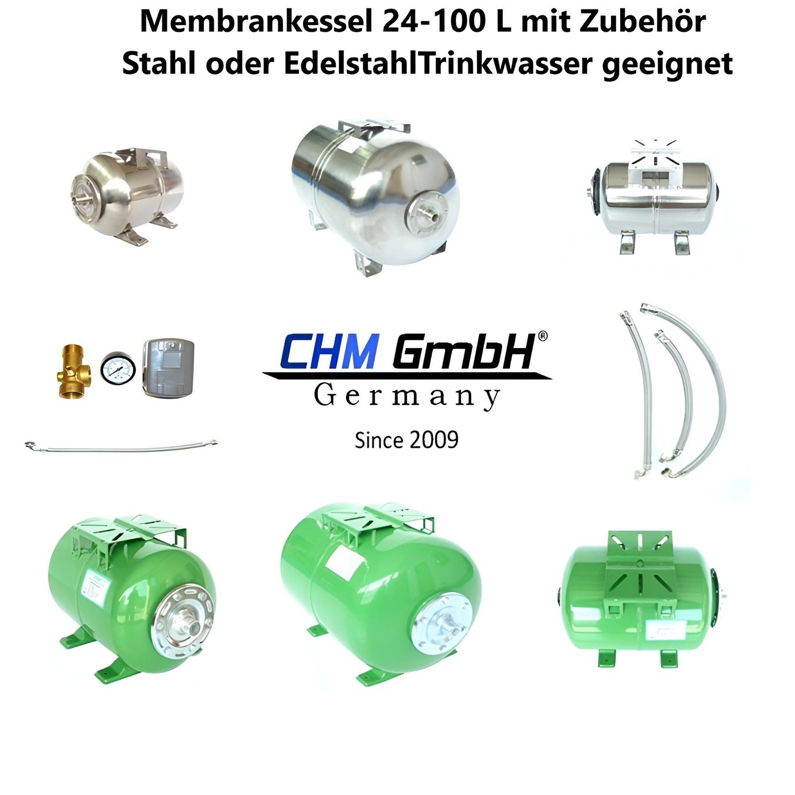 Caldera de diafragma acero inoxidable y acero 24-100 litros con accesorios + presostato