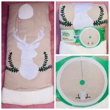 New 48" CHRISTMAS TREE SKIRT DEER HEAD STAG TAN SPRIG BERRIES HOLIDAY LIVING