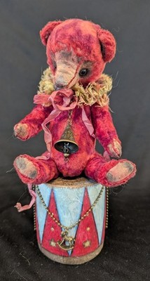 Vintage Red Teddy Bear Plushie w/Red Drum Handmade OOAK, Retro Look, Antique
