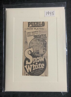 1945 Disney SNOW WHITE Now Playing 5x6.5'' Print Ad on Note Card w/ Envelope 
