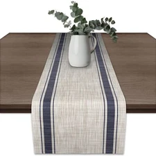 CK Home French Stripe Vinyl Table Runner 71" x 12" Navy/Oatmeal Beige Durable...