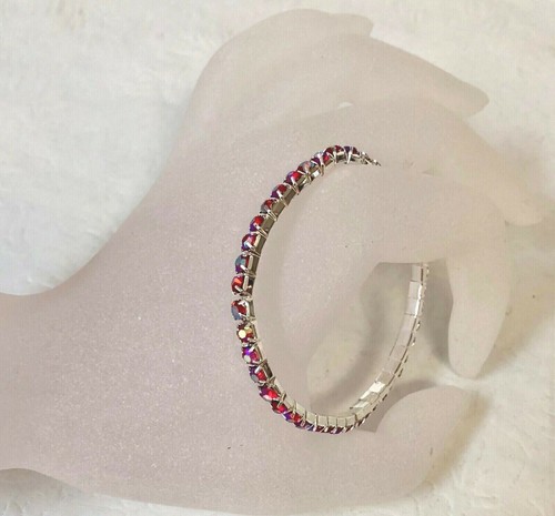 New Dazzling Single Row Stretch Rhinestone Crystal Siam Silver Plated Bracelet - Picture 2 of 5