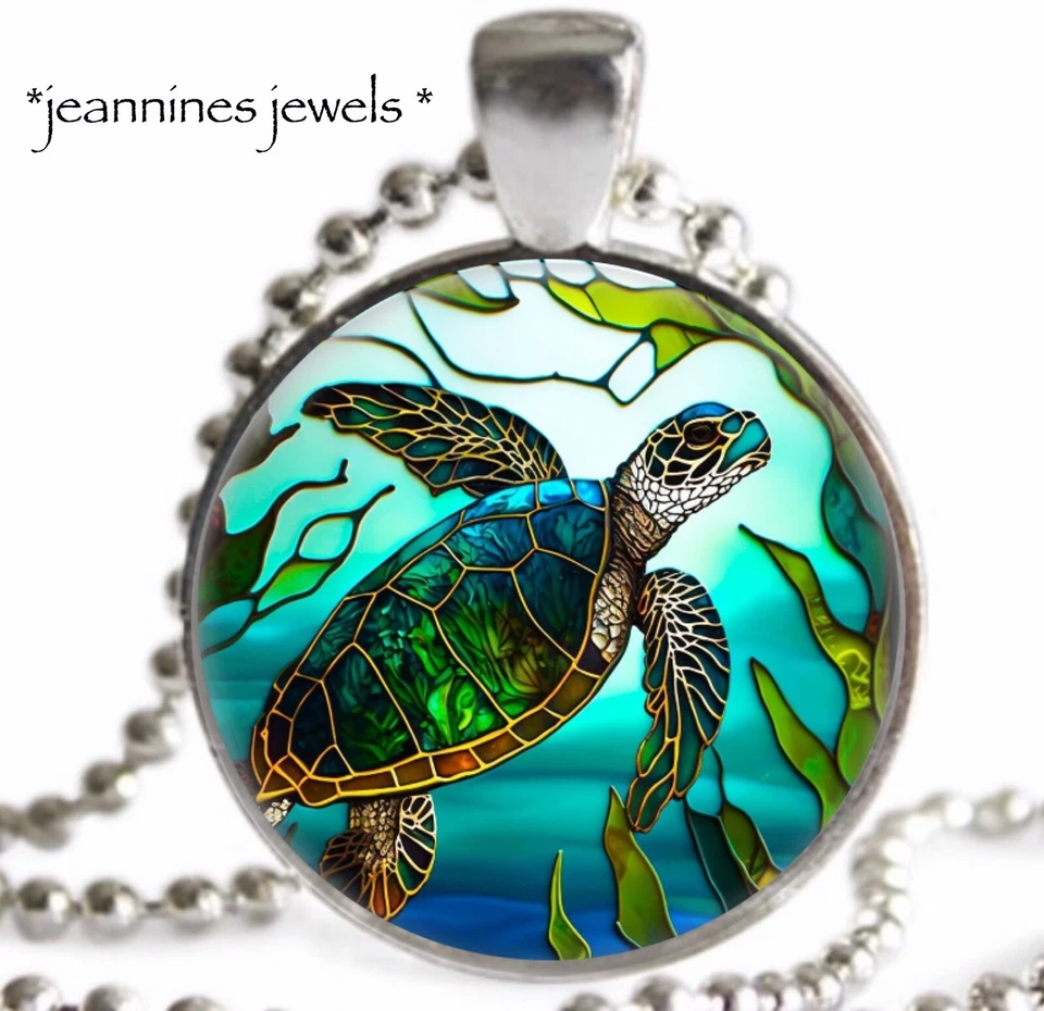Collar Tortuga Marina Imitación Vidrieras Playa IMPRESIÓN ARTÍSTICA Plata Dije Colgante Foto 4 de 4
