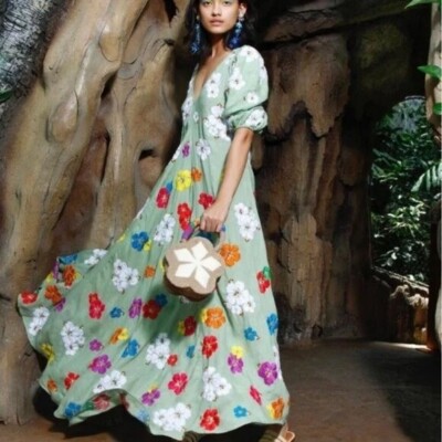 ALL THINGS MOCHI Tila Floral-Embroidered Linen Maxi Dress Size S NEW | eBay