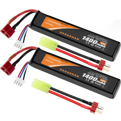 2PCS LiPo Airsoft Battery 11.1V 1400mAh 30C Rechargeable with Mini Tamiya Cable