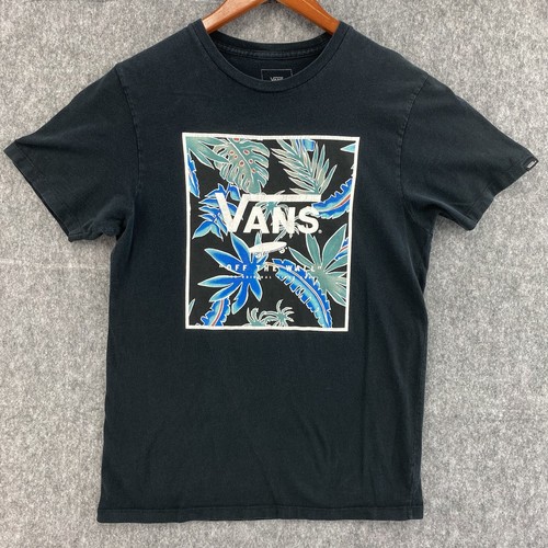 Vans T-Shirt Men's Small Custom Fit Floral Box Logo Black Cotton Skate Tee
