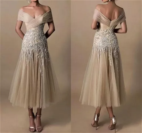Modest Champagne Tulle Tea-Length Mother of the Bride Dresses Evening PartyDress - Picture 2 of 9