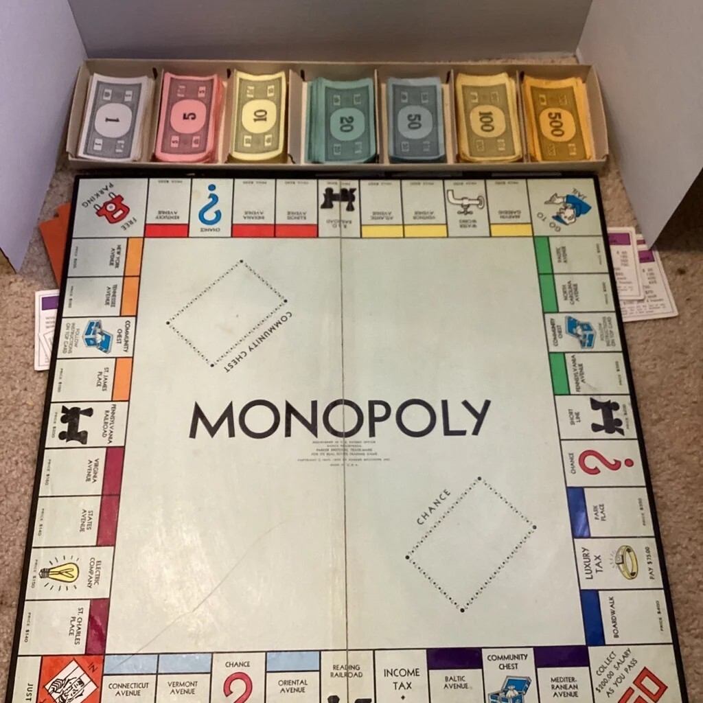 Vintage Monopoly 1954 Board Game Yellow Box missing game board