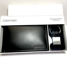 CALVIN KLEIN CK  Men Genuine Leather SLIM BookFOLD Wallet Key fob RFID ~ BLACk