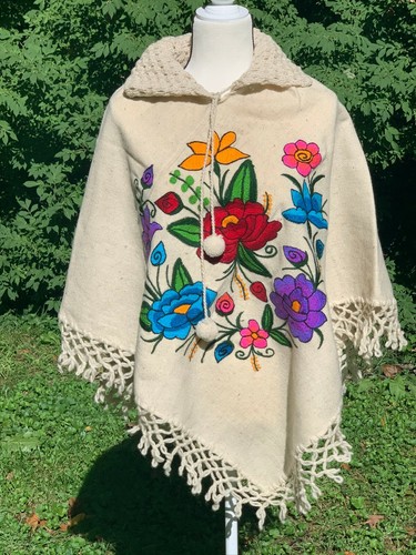 Mexican Poncho Embroidered Natural Wool 