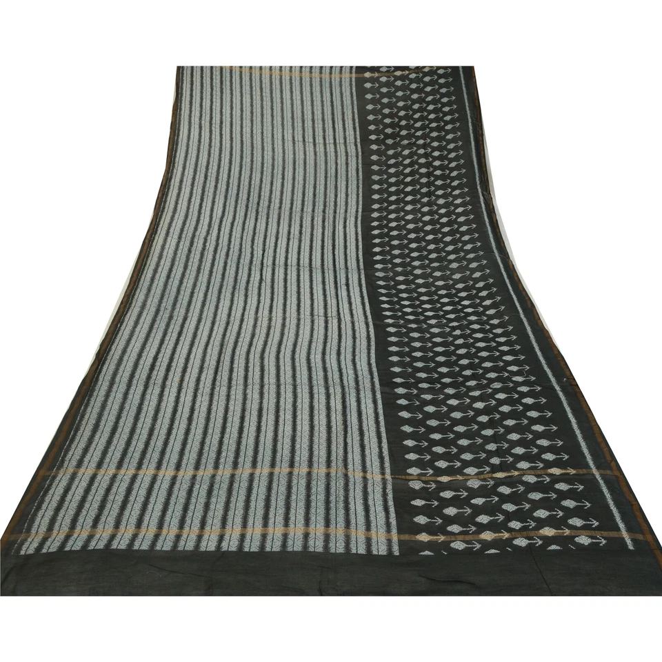 Sanskriti Vintage Long Black Dupatta/Stole Blend Silk Hijab Printed Wrap Scarves - Image 3 of 4