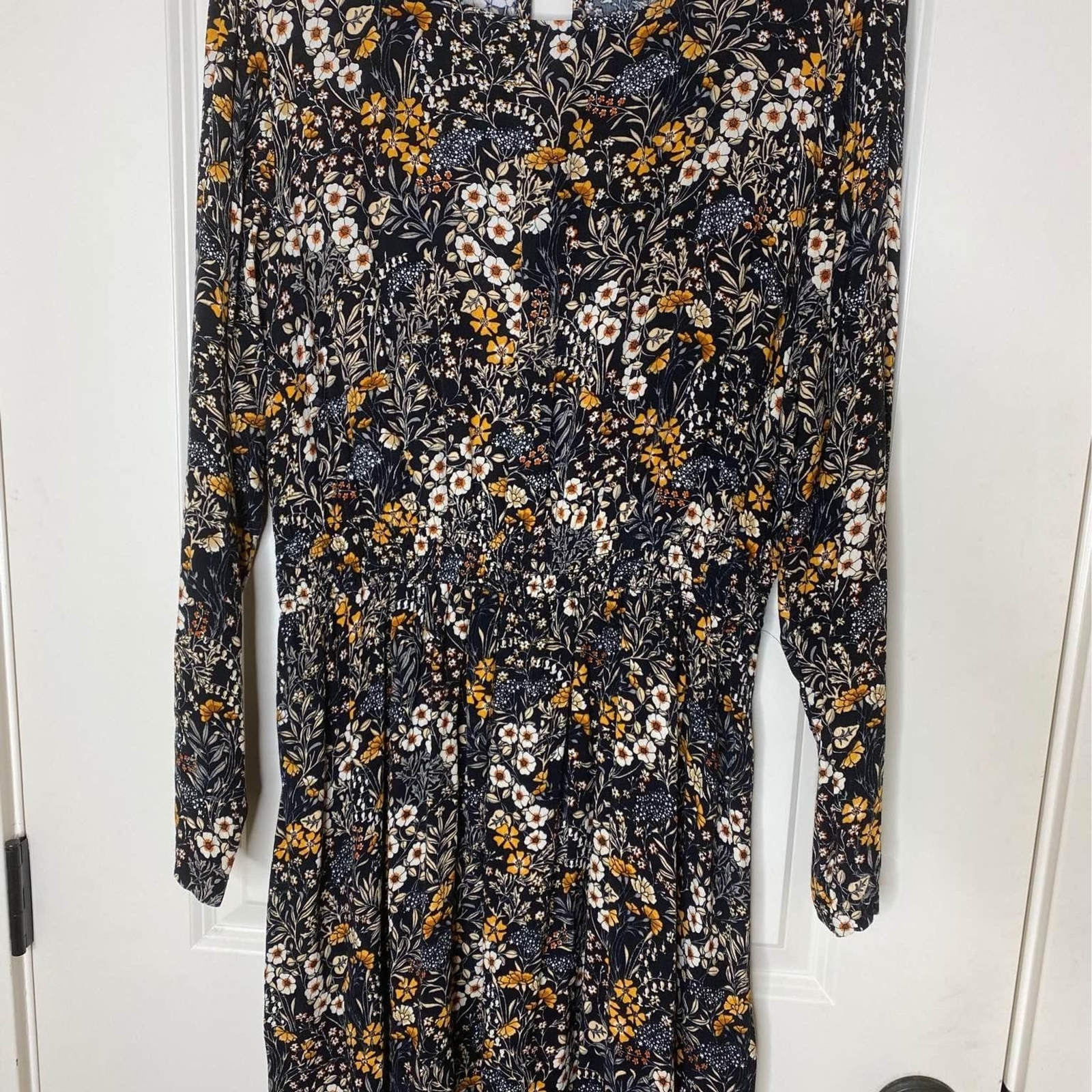 H&M Floral Mini Dress Womens 12 Black Yellow Ditsy Long Sleeve Boho Fall thumbnail 2