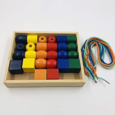 Melissa Doug 26 Primary Wood Lacing Beads Replacement Laces Preschool 
