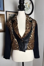 Vintage 80s Leopard Jacket Faux Leather Size M Fuzzy Multi Fabric