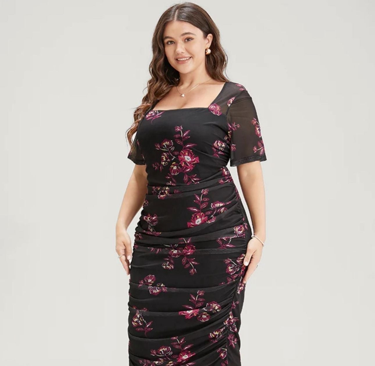 BloomChic Plus Size 2x 18-20 Floral Mesh Square Neck Ruched Midi Dress image 2