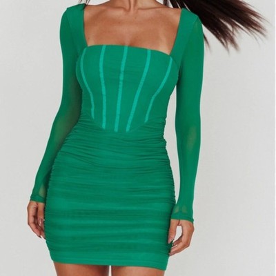 Selfie Leslie Dream Catcher Long Sleeve Ruched Mini Dress Green Sze XL New Party