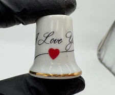 Vintage Thimble Porcelain I Love You with A Red Heart Gold Trim Band Bell