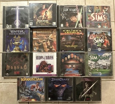 Lot Of 15 Vintage PC CD ROM Games Star Wars Star Trek Diablo Serious Sam Sims +