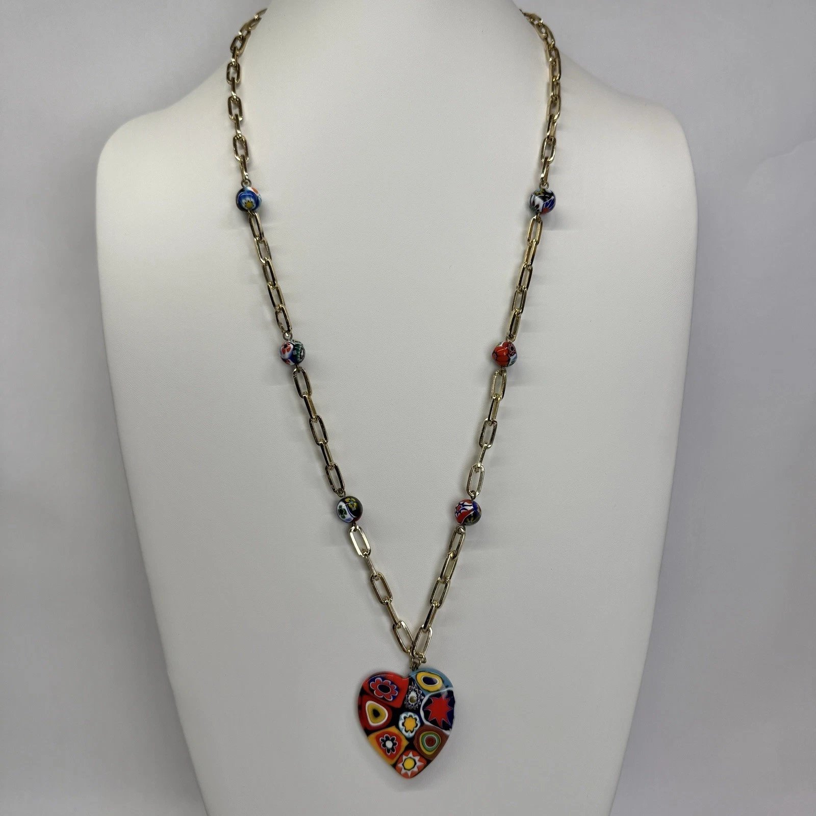 Italian Venetian Murano Glass Heart Love Gold Tone Vintage Necklace Jewelry N249