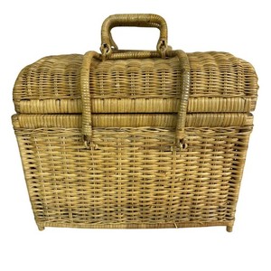 Vintage Rattan Wicker Picnic Basket Lid, Handle & Dishes, Glasses, Utensils Plus
