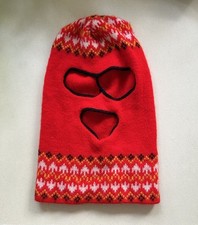 Vintage Knit Ski Balaclava 70s Robber Mask Full Face Red Black W/ Eyeholes