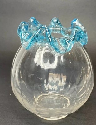 Hand Blown Blue Glass Rose Bowl Vase Crimped Edge 5.5'' Clear Fish Bowl