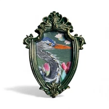 Botanical Great Blue Heron mini watercolor print in vintage style ornate frame