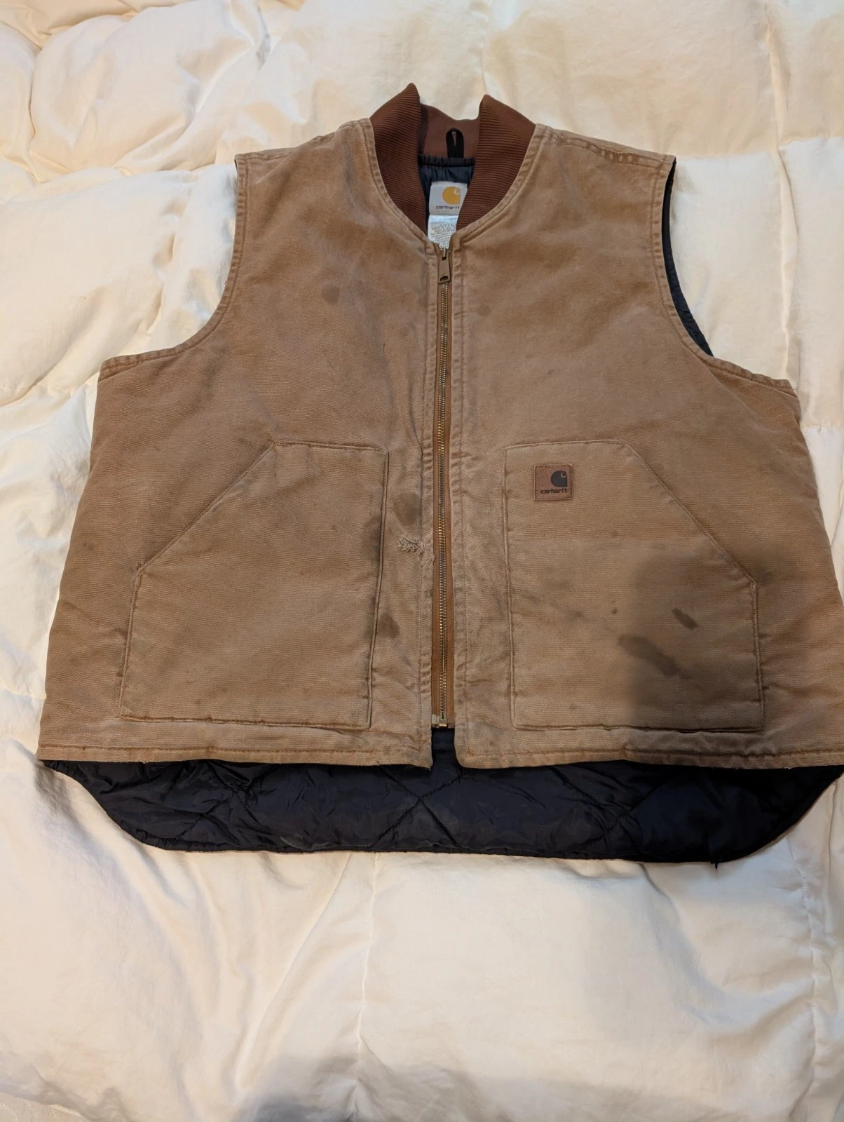 Vintage Carhartt Brown Insulated Quilted Duck Canvas Zip Vest Size XL