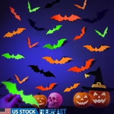 3D Neon Glow Halloween Bats Stickers Wall Decor Party Decoration Set of 72 New