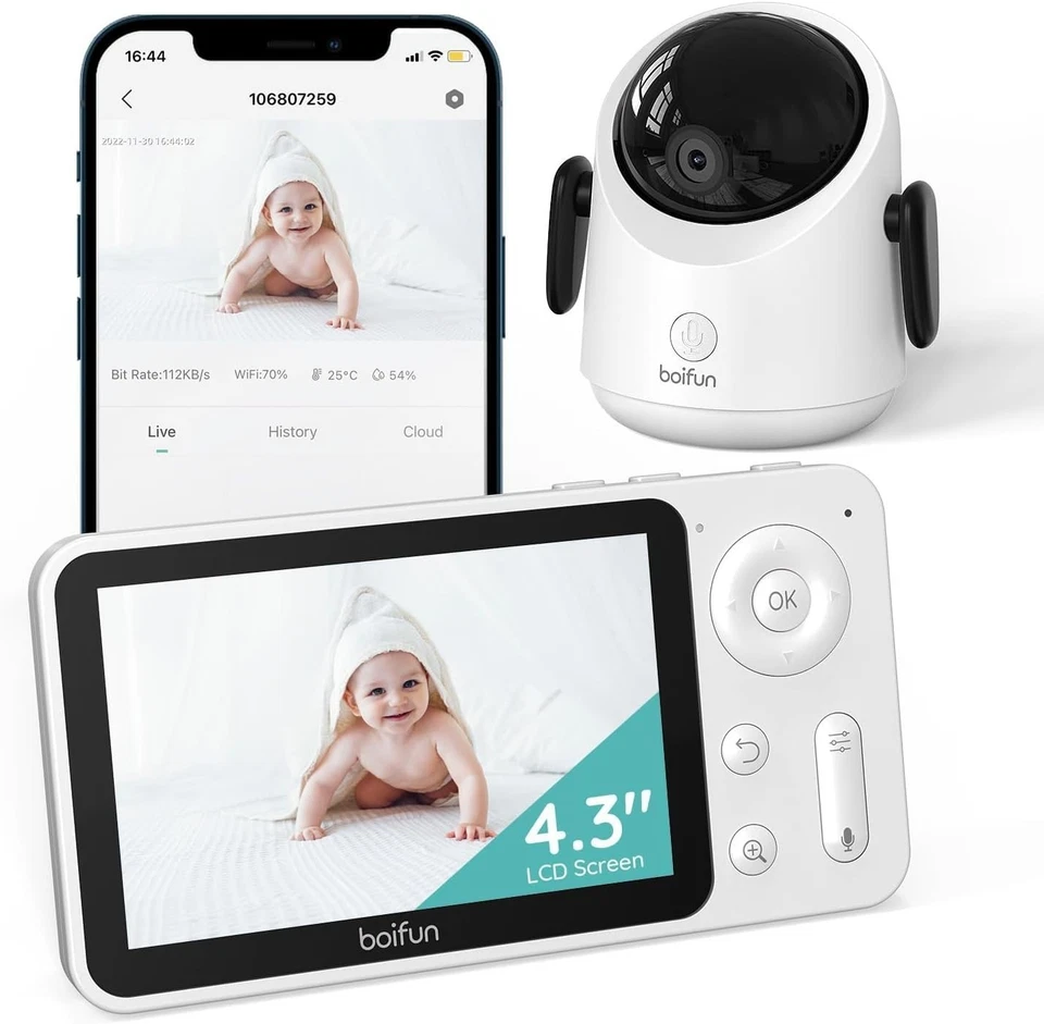 Boifun 1080P WiFi Baby Monitor + 4.3'' Screen, Smart Baby Camera App 2-Way Audio