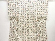 Kimono with Kasuri Pattern on Grid, Silk, Modern, Excellent Used Condition
