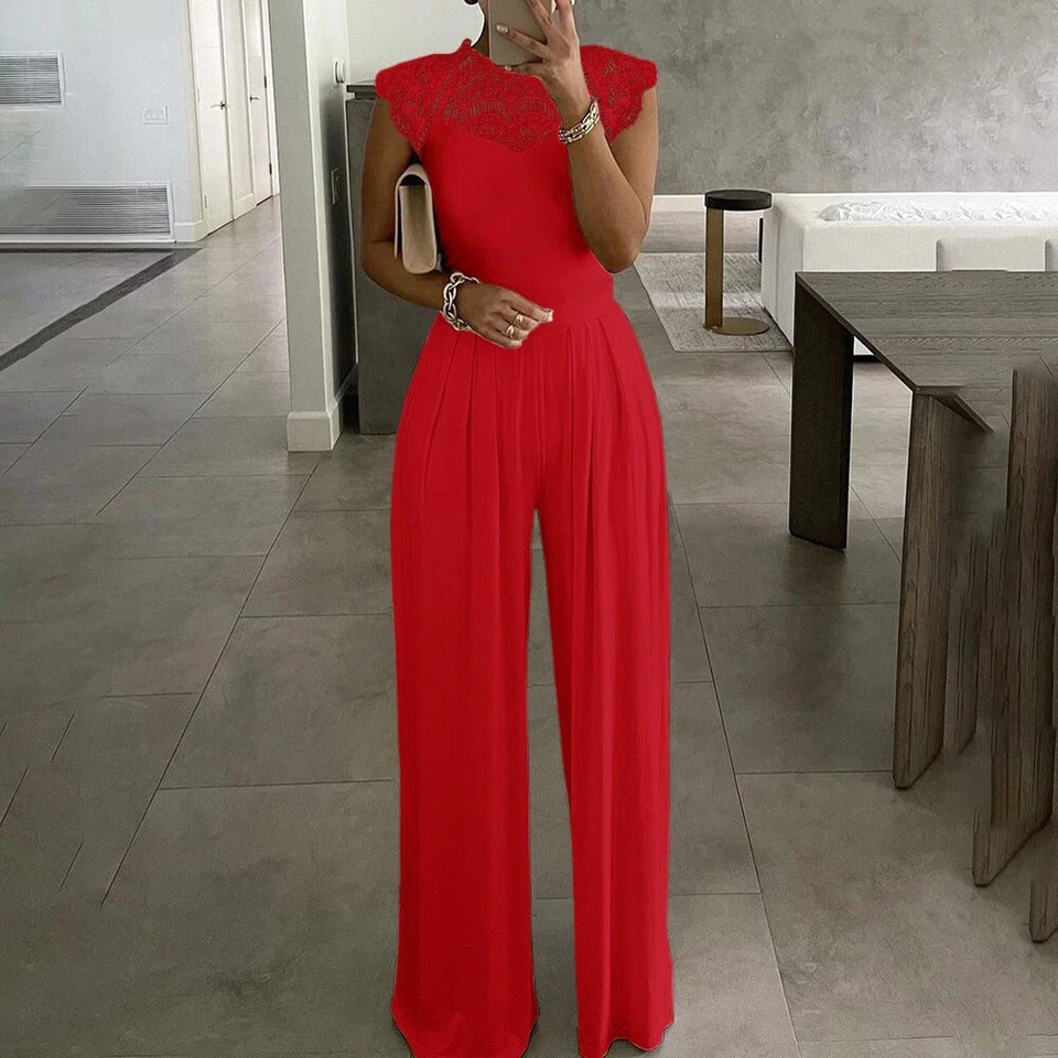 Damen Spitze Overall Jumpsuit Elegant Business Hosenanzug Sommerhose Langhose .* - Bild 3 von 4