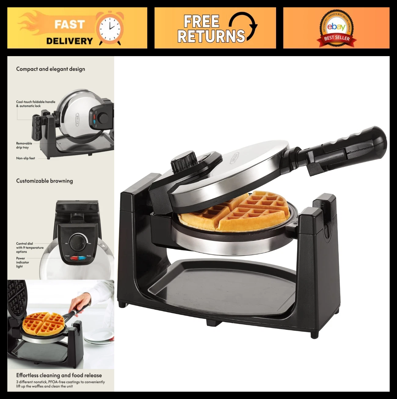 Classic Rotating Belgian Waffle Maker - Nonstick Plates, Removable Drip Tray, Ad