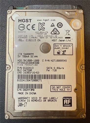 HGST, 1TB, 5K1000-1000, HTS541010A9E680, S/N: D82HY3MD, SATA HDD