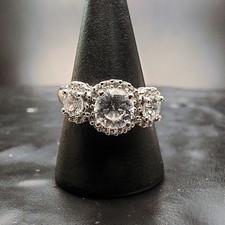 Vintage Sterling Silver Ring Sz 8 3-Stone Round CZ Halo Engagement Wedding  