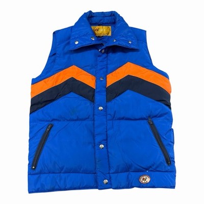 Vintage 70s Camel Goose Down Puffer Vest Feathers Blue Striped Orange Medium