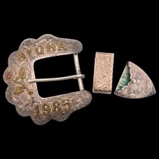AVQHA Quarter Horse Assn. 1985 Silver Overlay Vintage 3-Piece Belt Buckle Set