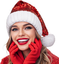 Sequin Santa Hat Knitted Xmas Beanie Adult Glitter Christmas Hats for Women Men