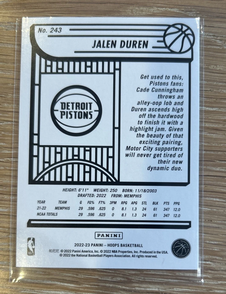 2022-23 Panini NBA Hoops - Rookies #243 Jalen Duren (RC) Purple - Image 2 of 2