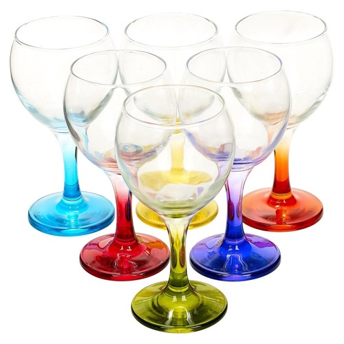 Coloured WINE GLASSES gift Large 260cc 8 3/4oz set of 6 Stem Wine