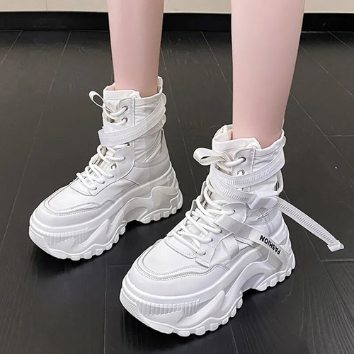 Fashion Women Chunky Platform Motorcycle Boots White Lace Up Thick Bottom Shoes - Picture 3 of 26