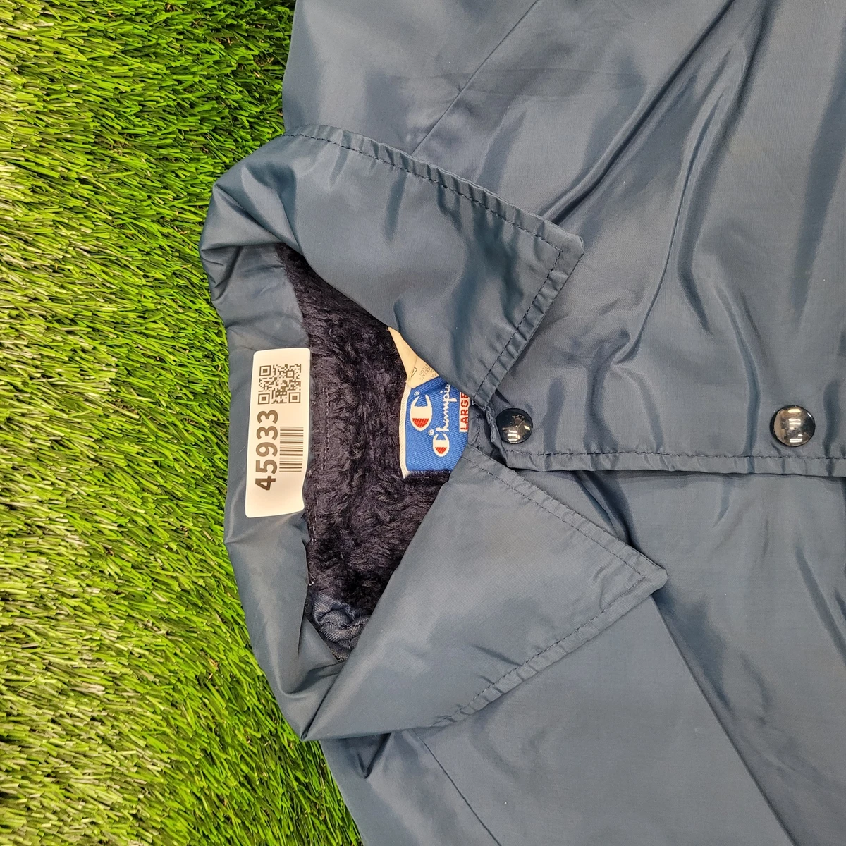Vintage 80s Champion Coach Jacket Large Faux Fur Lined Navy-Blue Raglan USA Made