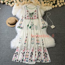 Mexican Ethnic Women Boho Embroidered Long Dress Round Crew Maxi Beach Dress Hot