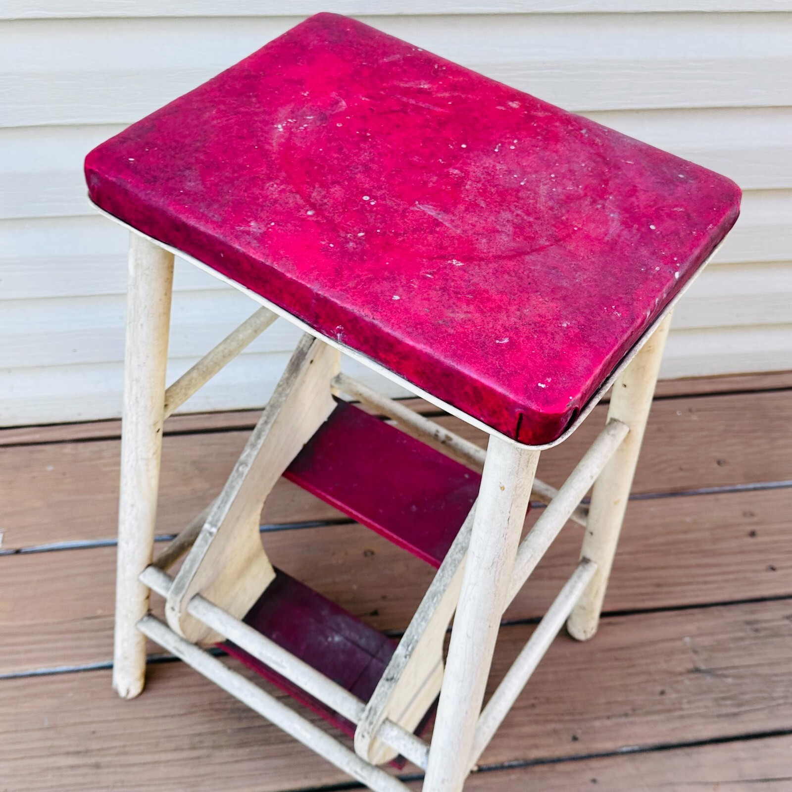 vtg wood step stool fold out steps White w red farmhouse 50s