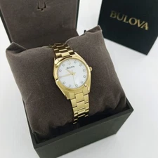Bulova Surveyor Diamonds Gold Bracelet White Dial Women 97P172 Quartz Watch 31mm