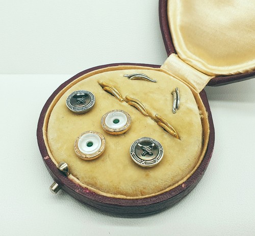 Mens Antique Edwardian Silver and Gold Fronted Mother of Pearl Boxed Shirt Studs - Picture 4 of 12