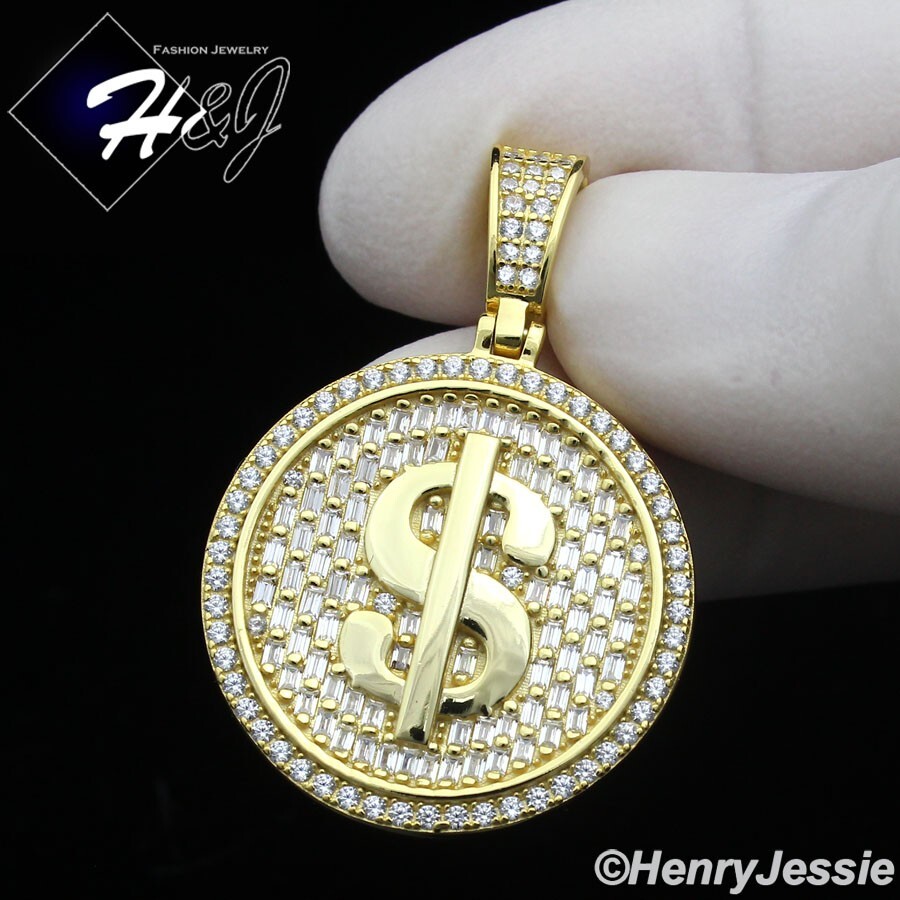 925 STERLING SILVER ICY BLING CZ GOLD PLATED DOLLAR $ SIGN ROUND ...