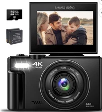 Digital Camera 4K 64MP Vlogging Auto-Focus 18X Zoom with 3" 180° FlipScreen 32GB