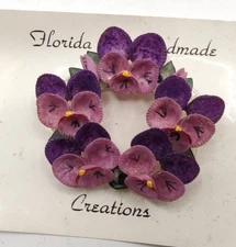 Vintage Florida Handmade Creations Brooch Purple Seashell Flower Pin Pansy New